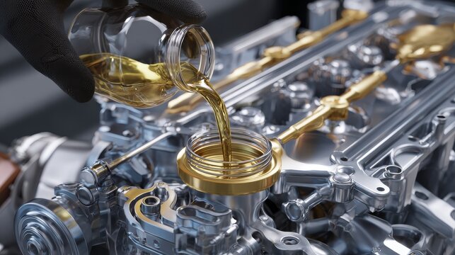 High-detail 3D rendering of car engine with mechanic's hand pouring golden lubricant into open oil cap, repair tools in background