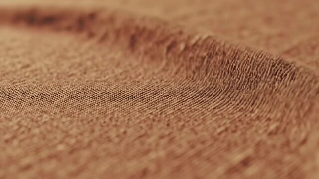 Close up macro shot of natural brown textured fabric with woven threads and soft folds, subtle lighting, textile background