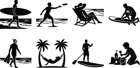 Obraz premium Beach Vacation and Water Sports Silhouette Collection Featuring Surfing Paddleboarding Snorkeling and Relaxation