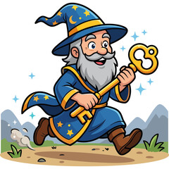 Fototapeta premium A wizard runs with a magical key in hand on a mystical path