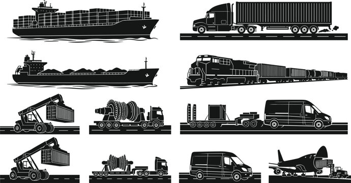 Global Freight Transportation Silhouette Collection Featuring Cargo Ships Trucks Trains Aircraft and Logistics