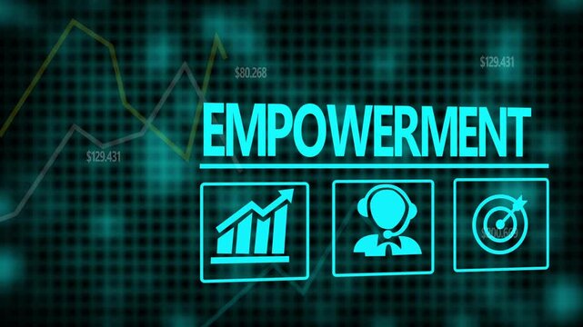 A Empowerment business concept on a flashing computer monitor with moving graphs and data.