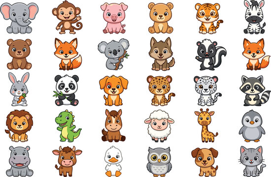 Cute cartoon baby animals mega collection set featuring elephant lion tiger panda koala giraffe bear monkey isolated vector illustration for nursery kid design