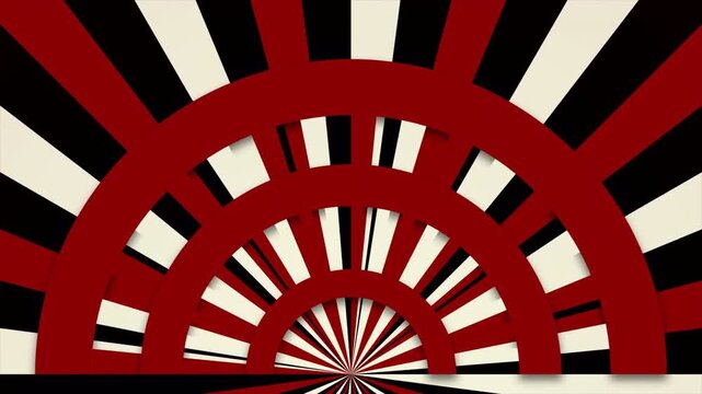 Retro Propaganda Style Radiant Sunburst Motion Graphic Featuring Bold Red Black Geometric Concentric Semicircles and Dynamic Pulsing Strips 4k video