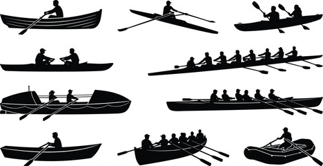 Rowing and Boating Silhouette Collection Featuring Crew Racing Recreational Paddling and Water Sports © MDSHAHIDUL