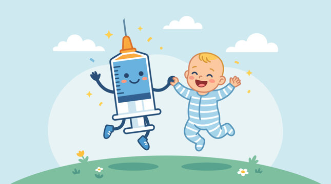 A cartoon baby and a syringe jumping on a green hill.