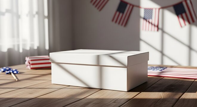 Blank white rectangular box on a rustic wooden table with american flag decorations in the background, perfect for product packaging mockup or patriotic themed promotional display