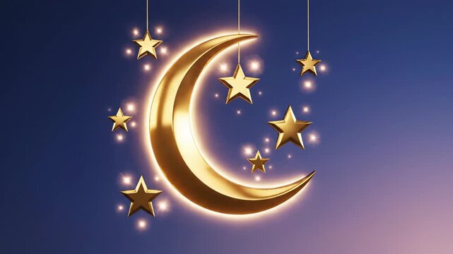 Golden crescent moon and stars suspended in a gradient night sky, illuminated and sparkling, suitable for Islamic holidays and celestial themes