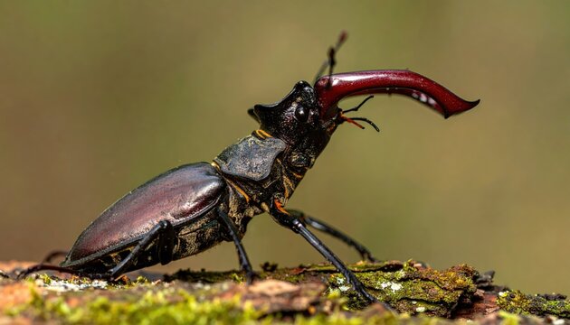 Powerful Stag Beetle Displays Its Impressive Red Mandibles in a Detailed Close-Up Nature Photograph