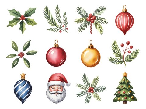 Watercolor christmas elements set, including santa claus, ornaments, holly leaves, pine branches, and a decorated christmas tree, isolated on white background