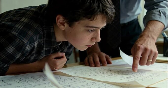 Young person studying documents with a pointing finger