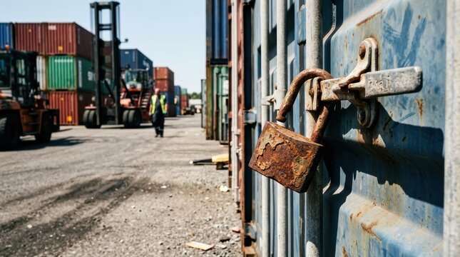 Rusty padlock on a weathered shipping container door in a busy logistics yard