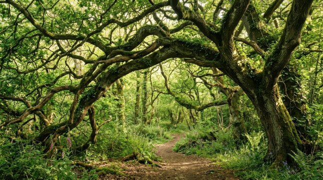 Enchanting Forest Path Archway Formed by Ancient Tree Branches