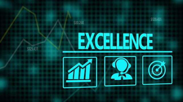 A Excellence business concept on a flashing computer monitor with moving graphs and data.