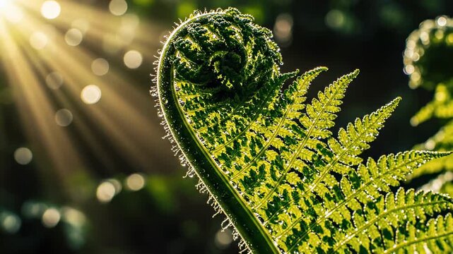 unfurling fern frond catching the morning sun with soft bokeh highlights, representing new growth and nature's beauty