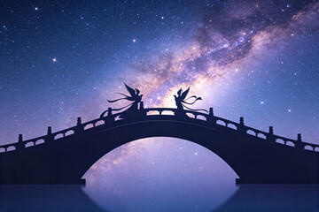 Naklejka premium Magpie Bridge Silhouette Under Galaxy Qixi Valentine Romantic Artistic Dreamy