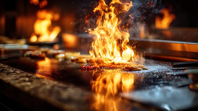 Dramatic Flamb? Cooking on a Hot Teppanyaki Grill.