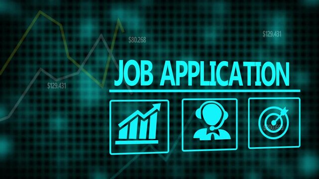 A Job Application business concept on a flashing computer monitor with moving graphs and data.