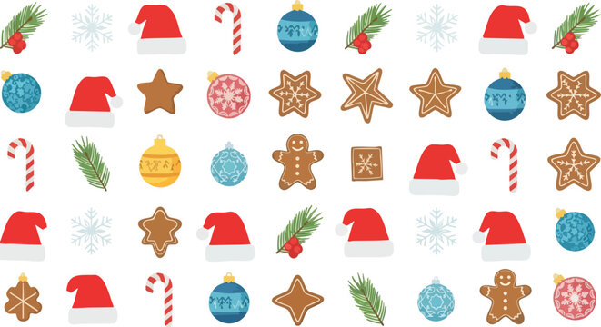 Festive Christmas Seamless Pattern With Santa Hats Gingerbread Cookies Ornaments Snowflakes and Candy Canes on White Background