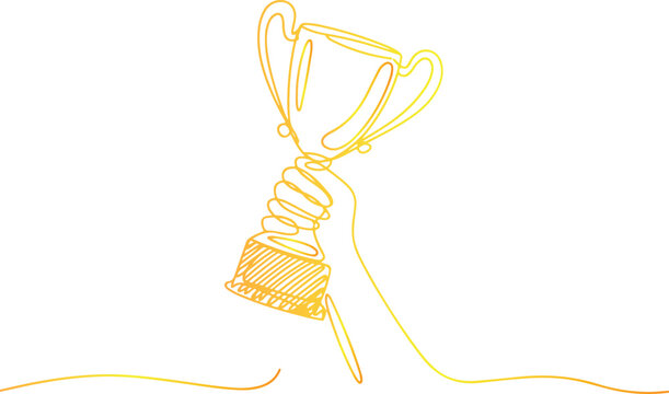 A hand holding a trophy cup in a celebratory gesture