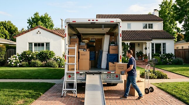 A man carrying a cardboard box while moving into a new house