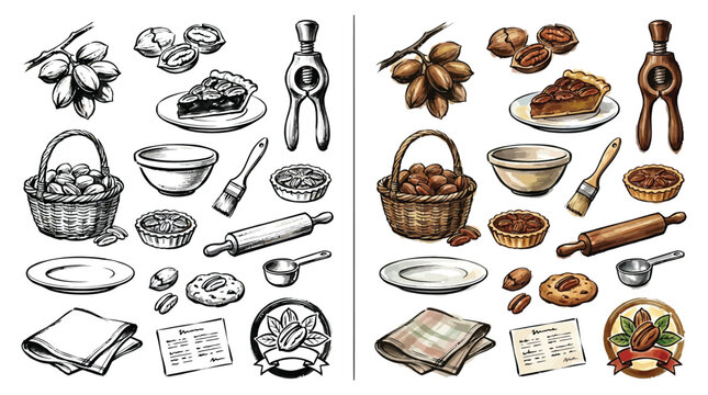 Collection of baking ingredients and tools, including nuts, pies, and kitchen utensils, presented in both sketch and color versions.