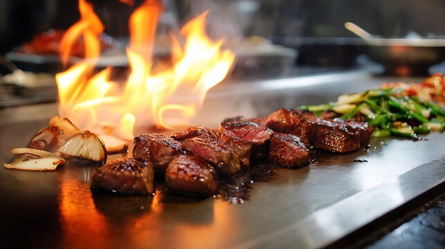 Teppanyaki Chef Cooking Steak and Vegetables with Flamb? Fire.