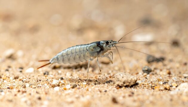 Close-up of a silverfish insect scurrying across a sandy surface, captured in sharp focus with detailed anatomy