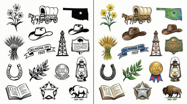 Collection of Oklahoma State Symbols and Icons, including historical and cultural elements.