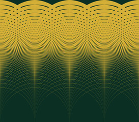 Obraz premium Op-art vector pattern of repeating arched moiré curves converging at multiple points, transitioning from solid gold diamond shapes at the top to fine line mesh on dark green at the bottom.