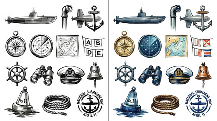 Nautical Symbols and Equipment Collection for Maritime Navigation and Marine Themes. © Renald