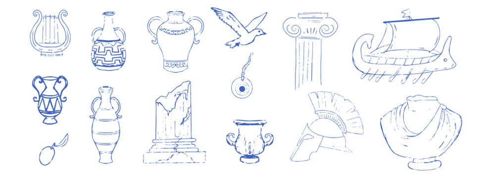 Coastal Greek Summer set. Hand drawn sea, ancient pillar and amphora sketch. Vacation elements in grunge chalk or charcoal rough. 