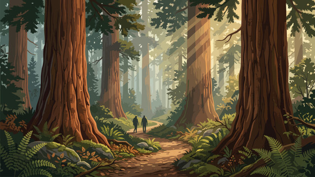 Majestic redwood forest vector illustration, ancient sequoia trees with sun rays, peaceful woodland hiking trail scene