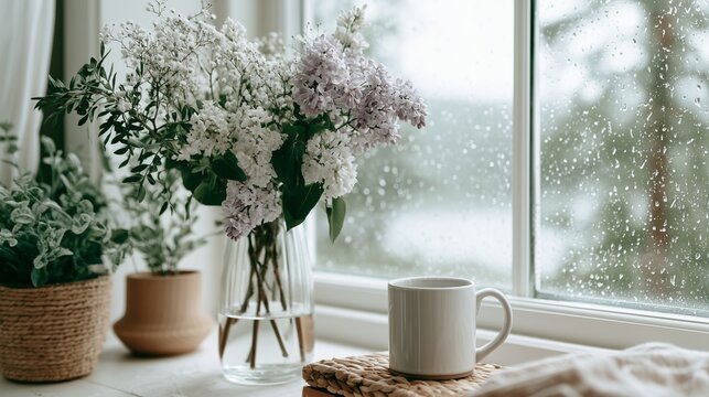 雨の降る日に窓辺で過ごすおしゃれな空間、白いマグカップと花瓶に飾られた美しい白い花束