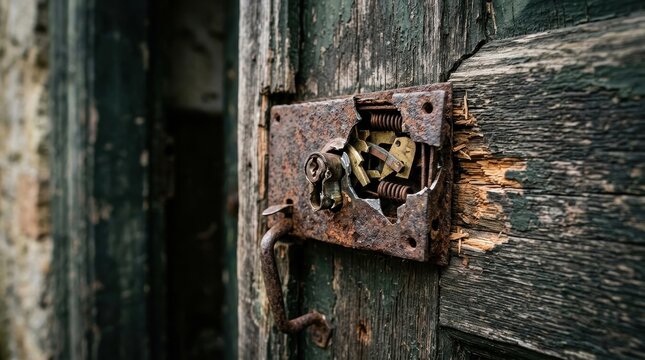 Close-up of an old, rusted, and broken door lock mechanism on weathered wooden planks