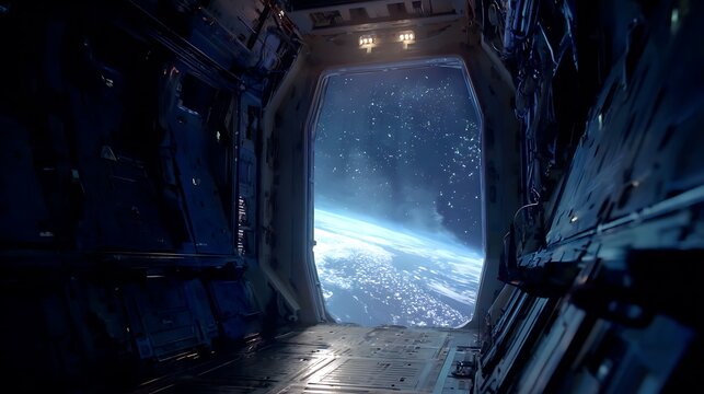 View of Earth from Inside a Futuristic Space Station Portal.