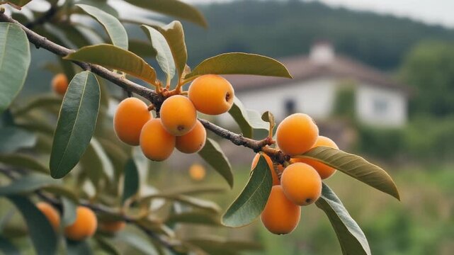 Ripe yellow loquat fruits hanging on tree branch in the garden