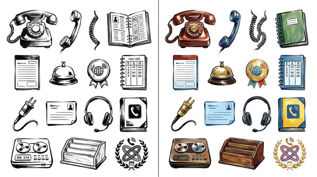 Collection of vintage and modern communication and office icons, including telephones, headphones, and address books.