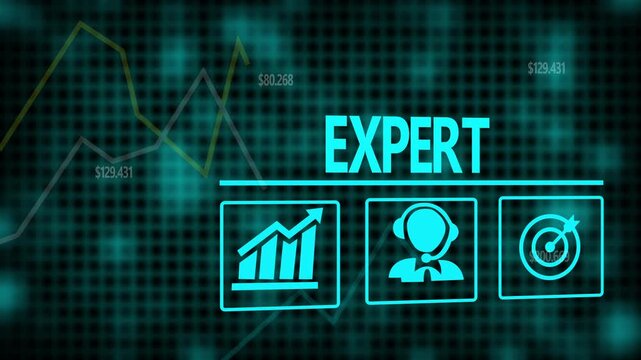 A Expert business concept on a flashing computer monitor with moving graphs and data.