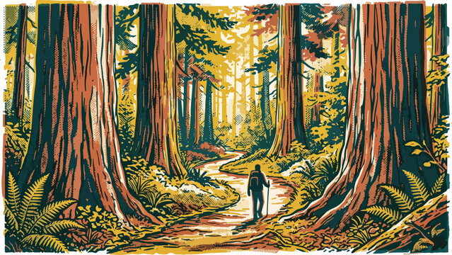 Vintage redwood forest landscape vector, hiker walking through giant sequoia trees, retro national park travel poster