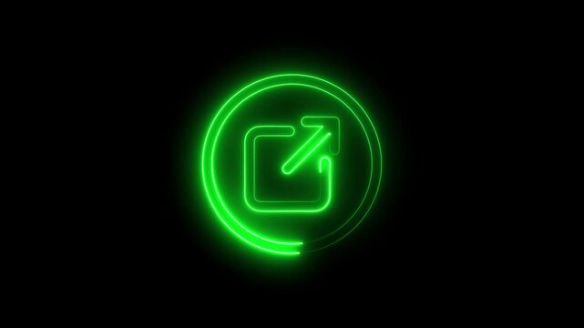 Neon green external link icon glowing in a circle on a black background