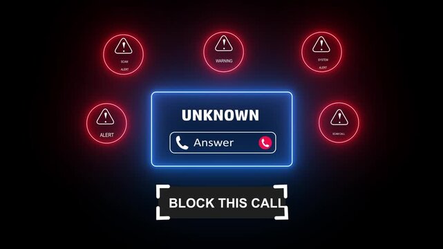 Cybersecurity warning interface featuring an unknown incoming call notification with red alert and a block this call button for mobile phone privacy protection and digital fraud prevention concepts