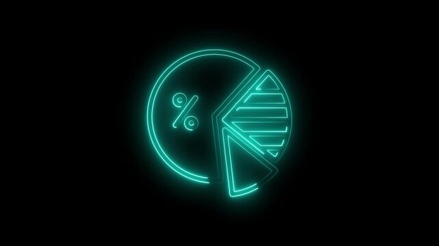 Glowing cyan neon pie chart icon with percentage symbol isolated on black background