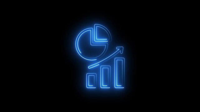 Neon glowing blue business growth icon with pie chart and bar graph on black background