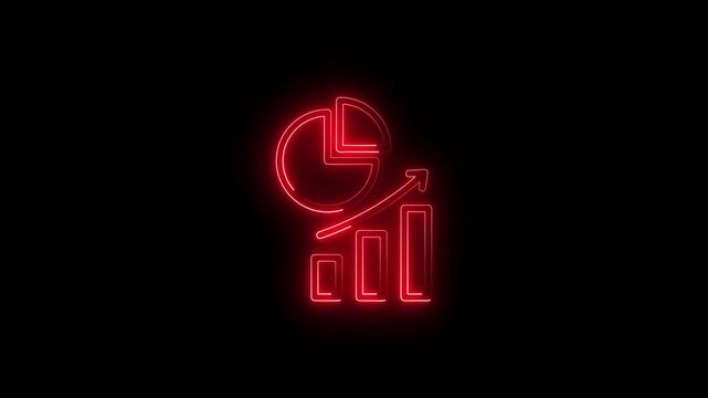 Neon glowing red business growth icon with pie chart and bar graph on black background