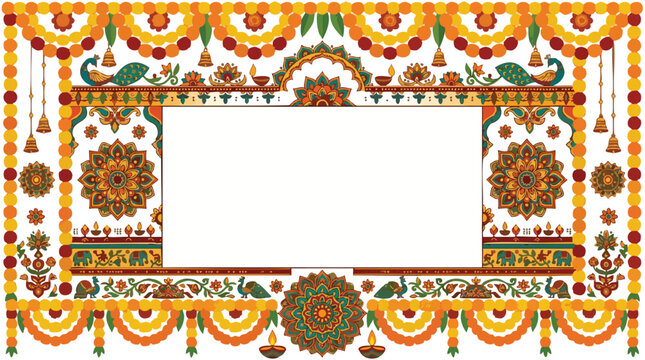 Indian Traditional Decorative Border with Marigold Garlands, Peacocks, and Diya Lamps for Festivals