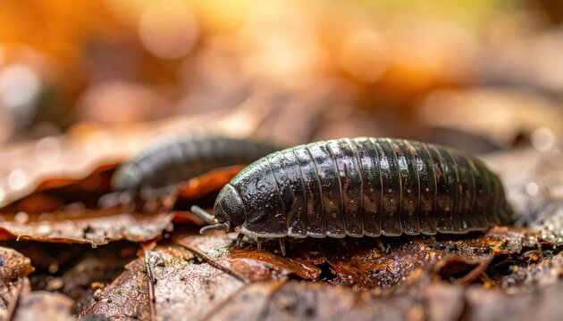 Close-up macro view of a segmented woodlouse scurrying across damp leaf litter in a natural forest floor habitat