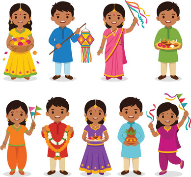 Children in traditional Indian clothing celebrating festivals with lamps, flowers, and flags