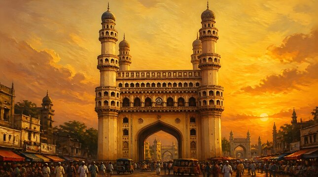 Historic Charminar Monument at Sunset with Vibrant Market Scene