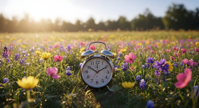 Vintage alarm clock in a colorful spring meadow at sunrise